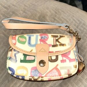 Dooney & Bourke Cream canvas/leather Logo print pattern wristlet